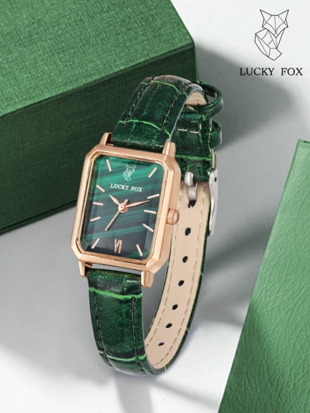 Lucky Fox Green Leather and gold Strap Watch